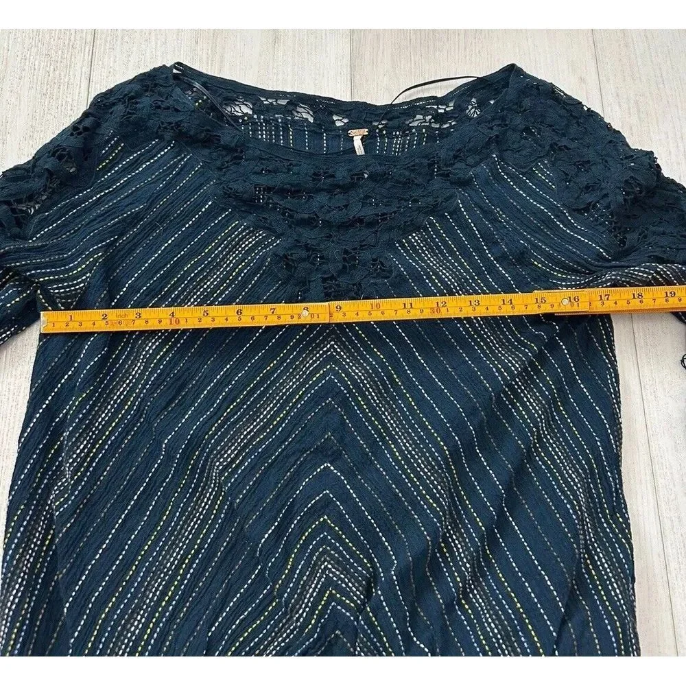 FREE PEOPLE Floating Memories Blouse Lace Panel Balloon Sleeves Size L Navy Blue